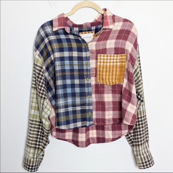 American Eagle Outfitters Tops - American Eagle Cozy Cabin Cropped Flannel Shirt Mixed Print Button Front Small S